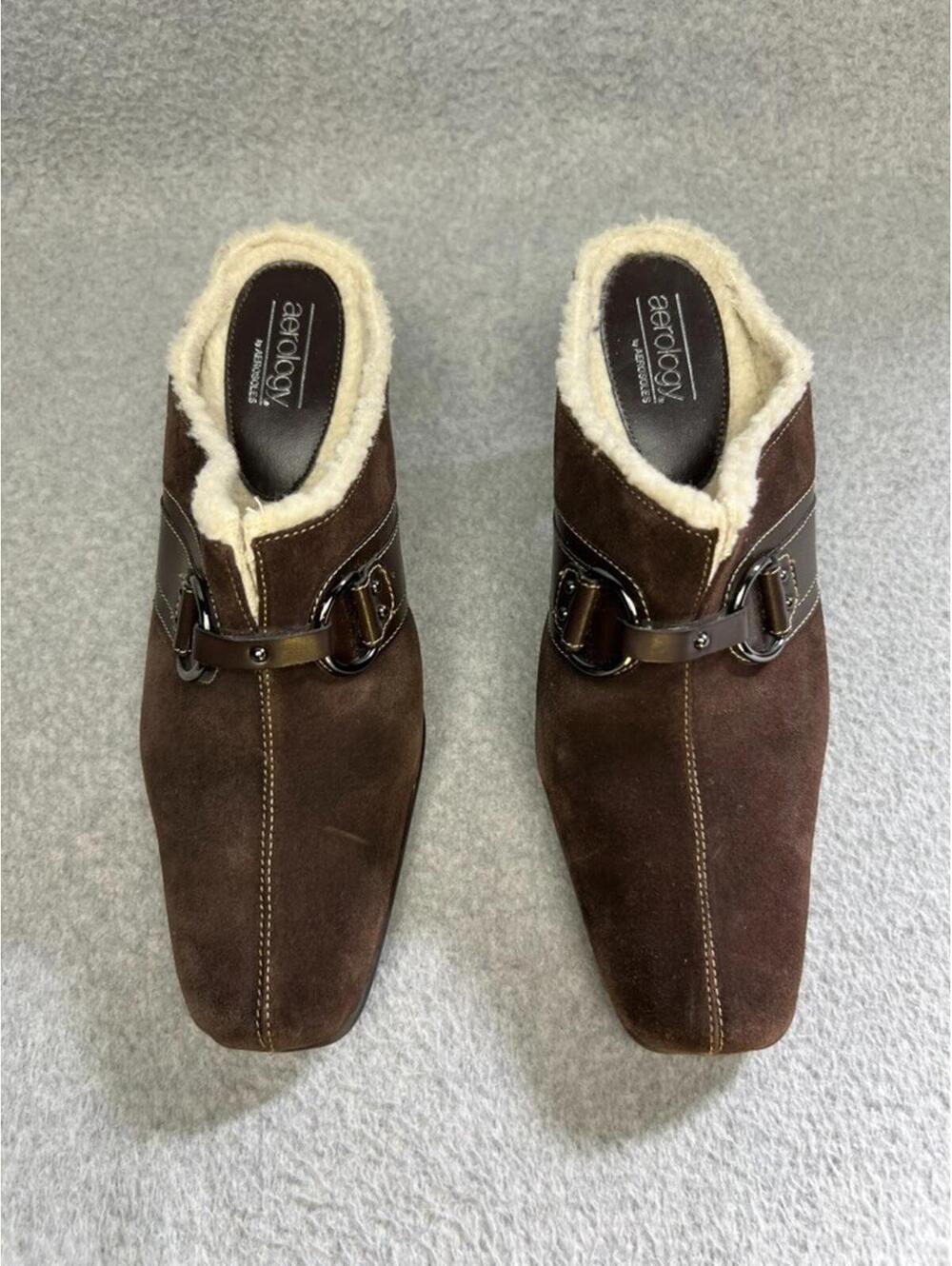 Y2K 90s Leather Suede Slip On Mules 10 Brown Chucky Heel Sherpa Lining Comfort